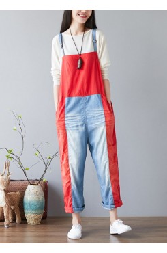 Simple Red pockets Patchwork jeans Jumpsuit Spring