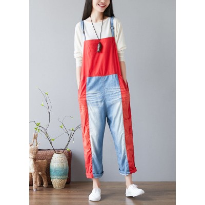 Simple Red pockets Patchwork jeans Jumpsuit Spring