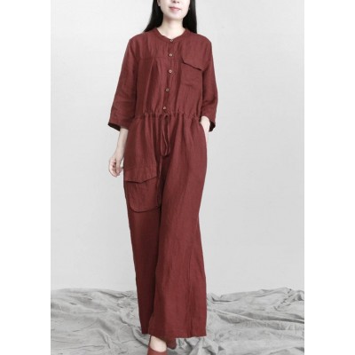 Plus Size Burgundy drawstring Half Sleeve Linen Body Suits Romper