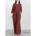 Plus Size Burgundy drawstring Half Sleeve Linen Body Suits Romper