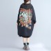 autumn women prints black cotton cardigan oversize fashion  fit hooded trench coat