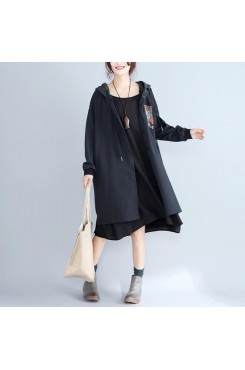 autumn women prints black cotton cardigan oversize fashion  fit hooded trench coat