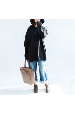 2021 fall black print woolen blended coats plus size hooded layered sleeve mid outwear