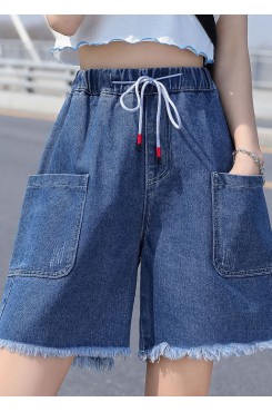 French Light Blue Elastic Waist Drawstring Pockets Cotton Denim Short Pants Summer