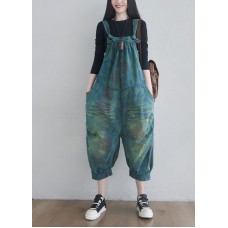 Women Blue pockets Print denim Jumpsuits Spring