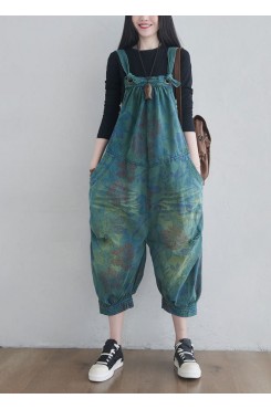 Women Blue pockets Print denim Jumpsuits Spring