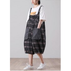 Plus Size Black Plaid Jeans Jumpsuit Shorts Cotton