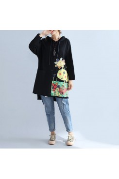 black warm cotton hooded cardigan prints oversize long sleeve trench coats