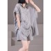 Solid Grey Silk Shirts And Shorts Two Pieces Set Peter Pan Collar Button Wrinkled Summer