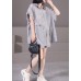 Solid Grey Silk Shirts And Shorts Two Pieces Set Peter Pan Collar Button Wrinkled Summer