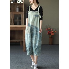 Women Light Blue Pockets Patchwork Jumpsuit Crop Pants