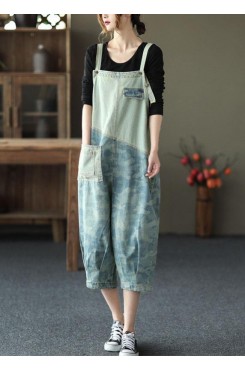 Women Light Blue Pockets Patchwork Jumpsuit Crop Pants