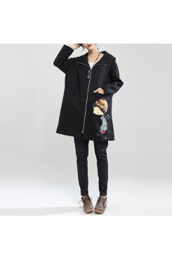 black winter thick cotton zippered cardigans plus size cartoon prints hooded trench coats