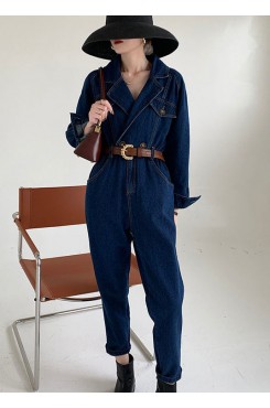 Handmade Blue Peter Pan Collar denim Jumpsuit Spring