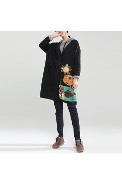 new autumn black  fit cotton coats loose casual hooded cardigan cartoon print