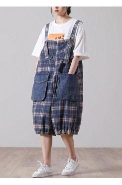 Loose Blue Pockets Plaid Cotton Jeans Jumpsuit Shorts